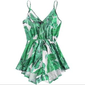 Green & White Tropical Print Romper